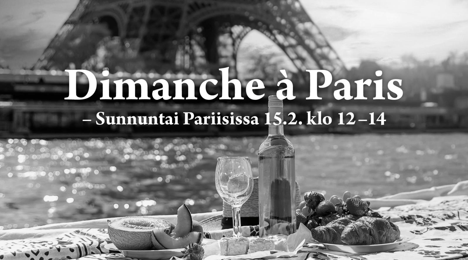 Ranskalaisia herkkuja sisältävä kattaus joen äärellä. Taustalla Eiffel-torni.