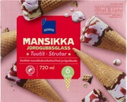 Mansikan- Ja Vaniljanmakuista Jäätelöä, Mansikkakastiketta 5% Vohvelissa 16%, Suklaanmakuinen Kuorrute 7%. (6414893168954)