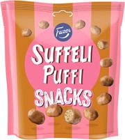 Fazer Suffeli Puffi Snacks 180G -Pussi Sisältäen Maissipuffeja Suklaanmakuisella Kuorrutteella (6416453039155)