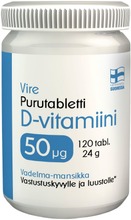 Vire D3-Vitamiinivalmiste Vadelman Ja Mansikan Makuinen Purutabletti 120 Tablettia / 24 G (6430067845018)