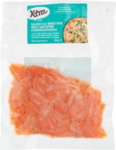 Kylmäsavustettu Lohi Suikaleina. Kuumennettava Ennen Käyttöä. Sulatettu. Kalassa Voi Olla Yksittäisiä Ruotoja. (7340191116252)