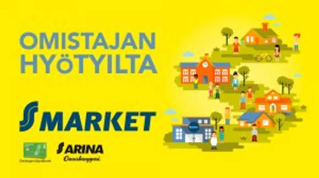Keltaisella taustalla S-muodossa taloja ja tekstit Omistajan hyötyilta. 