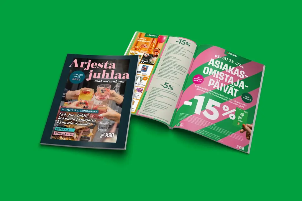 KSO:n Arjesta juhlaa lehti ja Asiakasomistajapäivien ilmoitusaukeama.