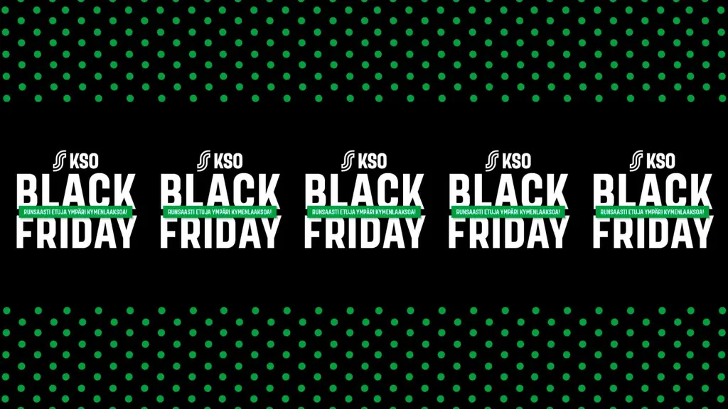 KSO Black Friday -teksti mustalla ja vihreäpilkullisella taustalla.
