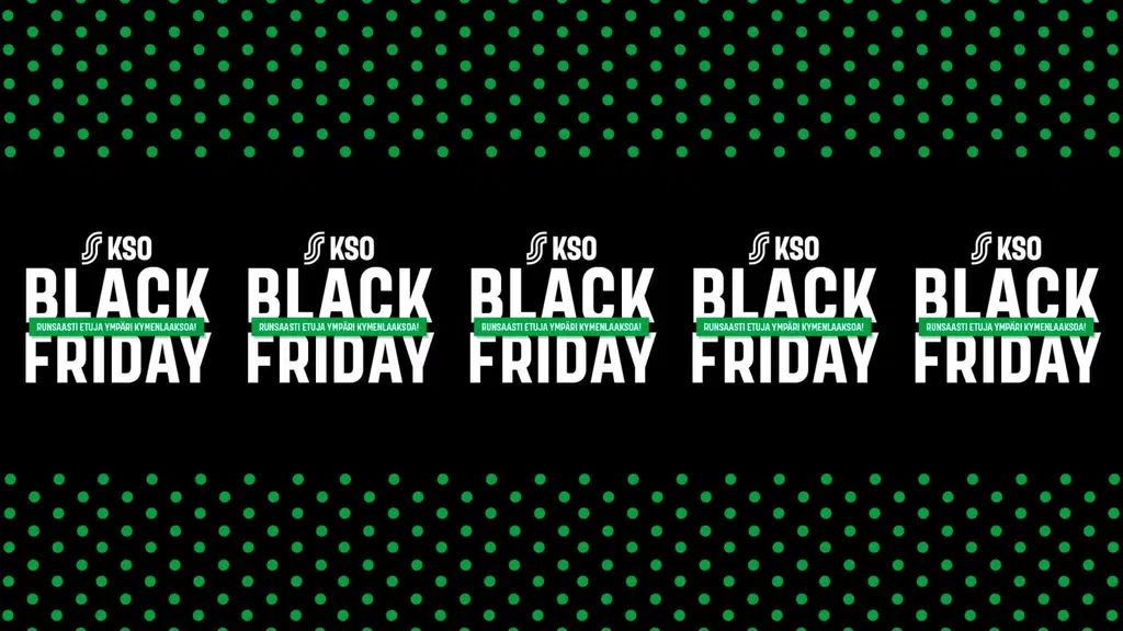 KSO Black Friday -teksti mustalla ja vihreäpilkullisella taustalla.