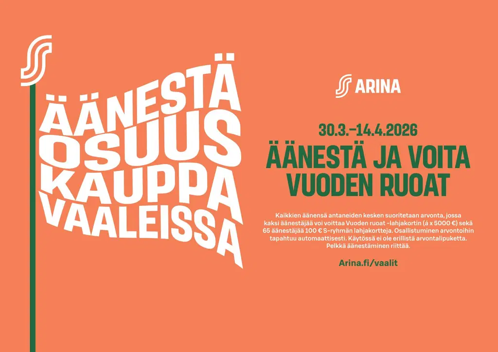 Oranssilla pohjalla lipputanko, jossa lippuna teksti "Äänestä osuuskauppavaaleissa" ja oikeassa reunassa teksti "ÄÄNESTÄ JA VOITA VUODEN RUOAT. 2 äänestäjää voi voittaa Vuoden ruoat -lahjakortin (5000€) sekä  65 kpl 100 €S-ryhmän lahjakortteja."