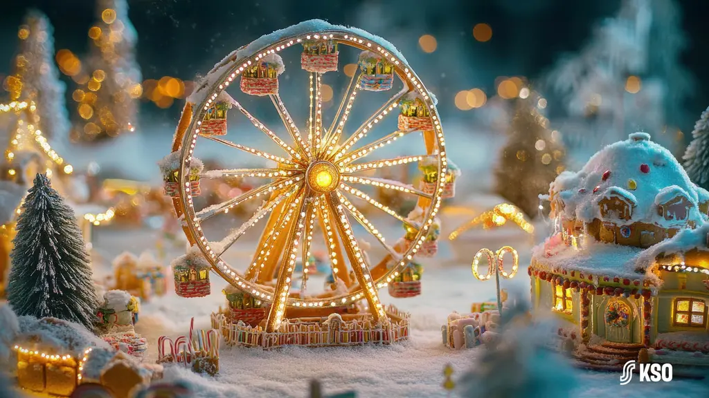 Piparista tehty maailmanpyörä ja talvinen huvipuisto.