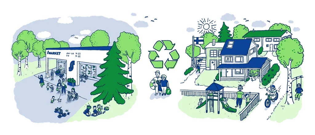 Piirros kaupasta ja kodeista, joiden pihalla ihmisiä