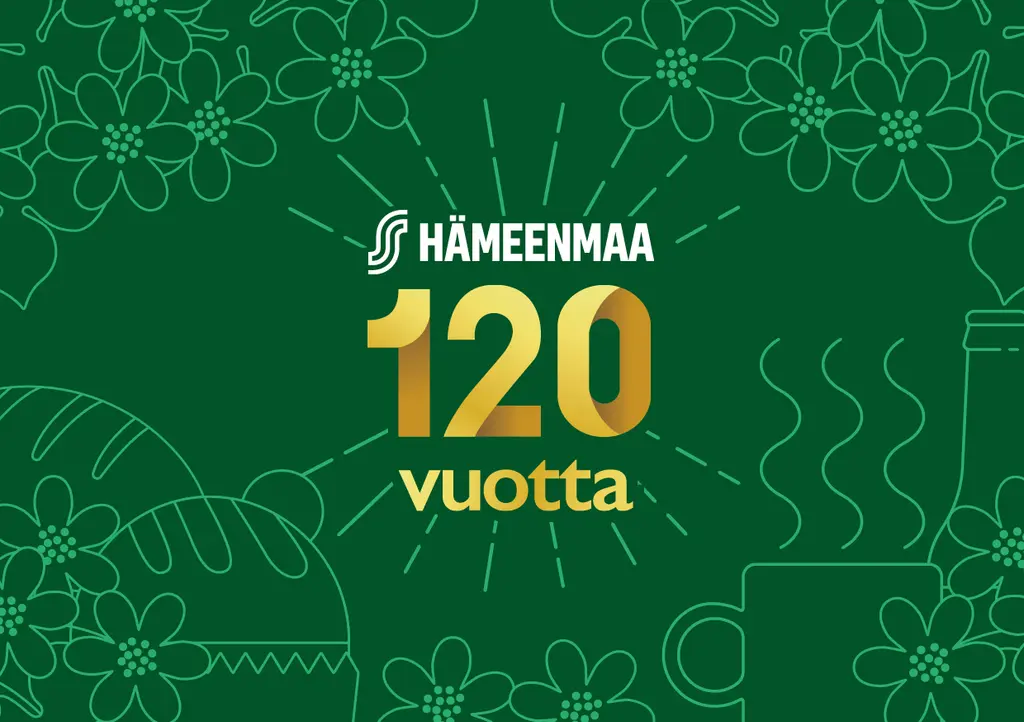 Hämeenmaan logo ja 120 vuotta -teksti vihreällä pohjalla.