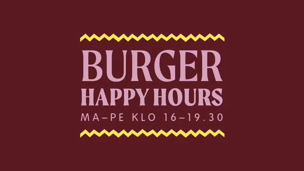 Viinipunaisessa kuvassa keltaisena tekstinä Burger Happy Hours ma-pe 16-19.30.