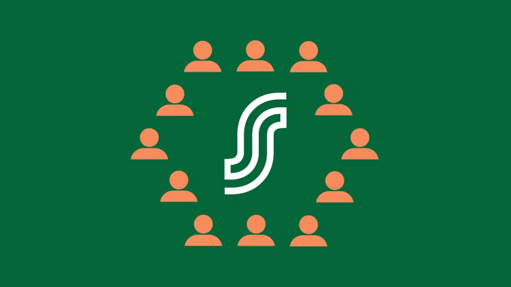 Vihreällä taustalla oransseja hahmoja ja kuvion sisällä valkoinen S-kirjain