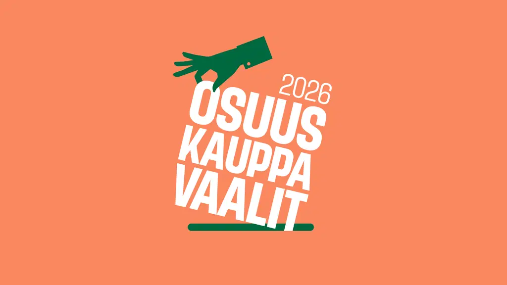 Oranssi pohja, jonka päällä valkoinen teksti "2026 Osuuskauppavaalit" ja O-kirjaimesta pitää kiinni käsi.
