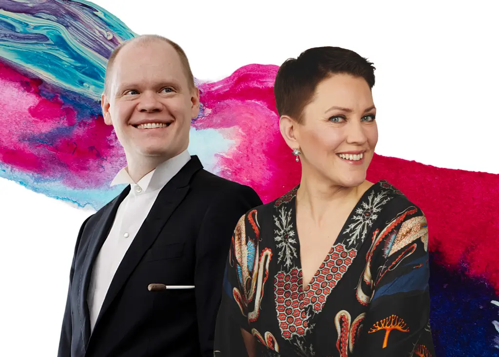 Kuvassa Tampere Filharmonian vappukonsertin Janne Nisonen, kapellimestari ja Mari Palo, sopraano