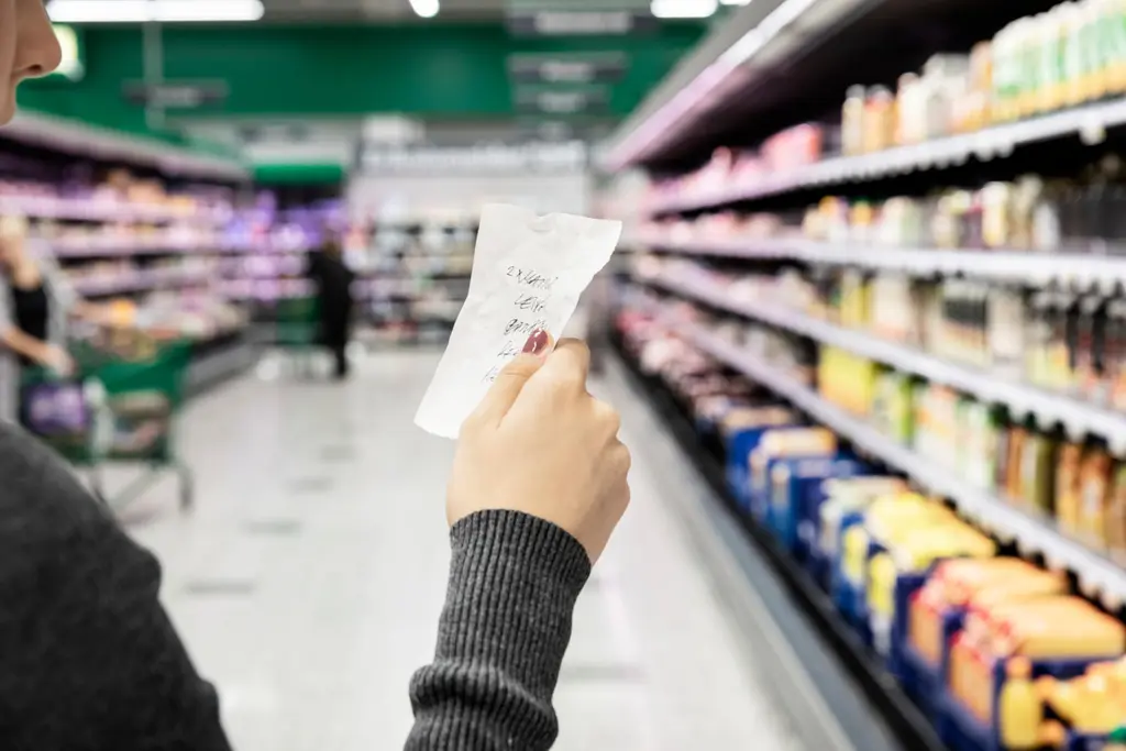 Ostoslista kädessä kaupan käytävällä