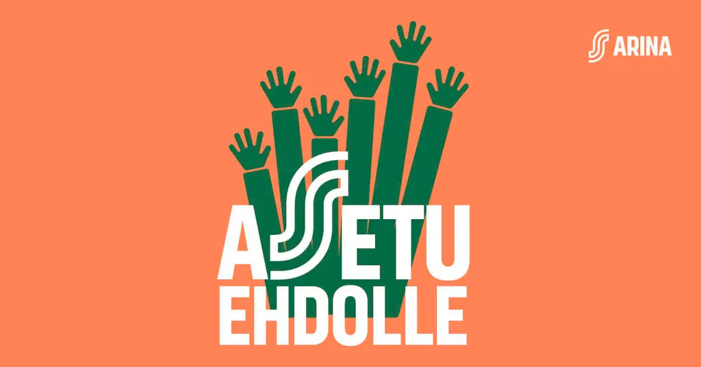 Oranssilla pohjalla vihreitä käsiä viittaamassa ja teksti "Asetu ehdolle"