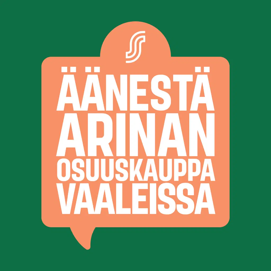 Vihreällä taustalla oranssi puhekupla, jossa teksti "Äänestä Arinan osuuskauppavaaleissa".