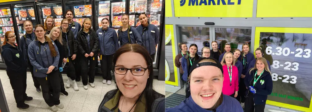 Iloisia ihmisiä poseeraamassa kameralle S-marketin sisällä ja ulkona. Yhdistetty kahdesta kuvasta.
