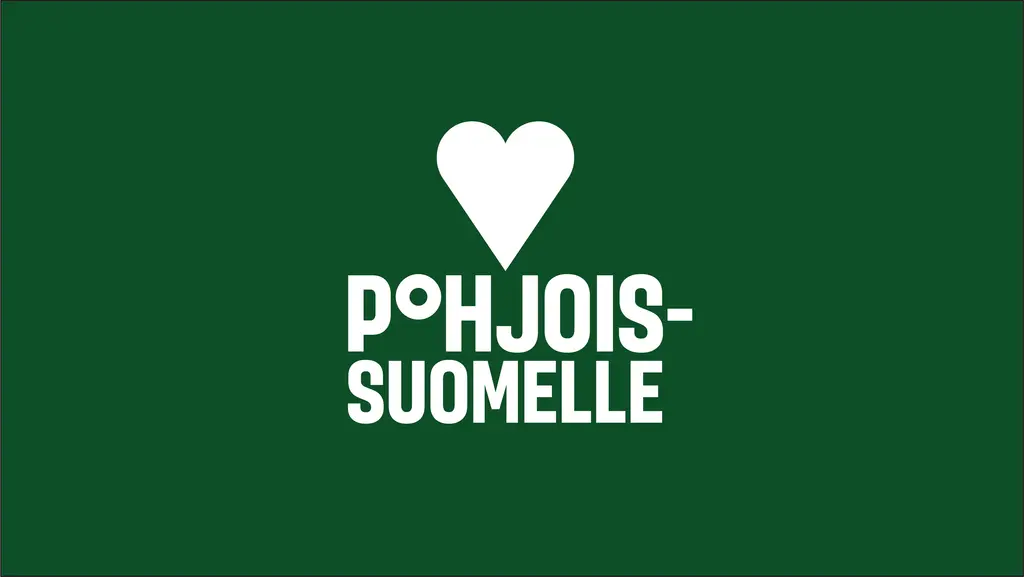Tummanvihreällä taustalla valkoinen sydän ja teksti "Pohjois-Suomelle"