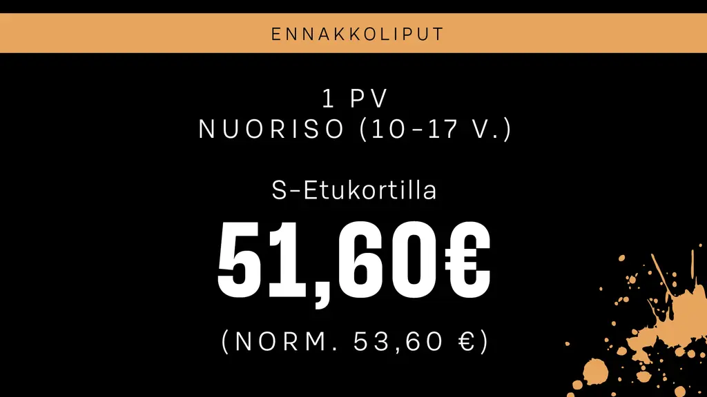 Yhden päivän nuorisoliput (10-17 v.) S-Etukortilla 51,60 € (normaalisti 53,60 €)