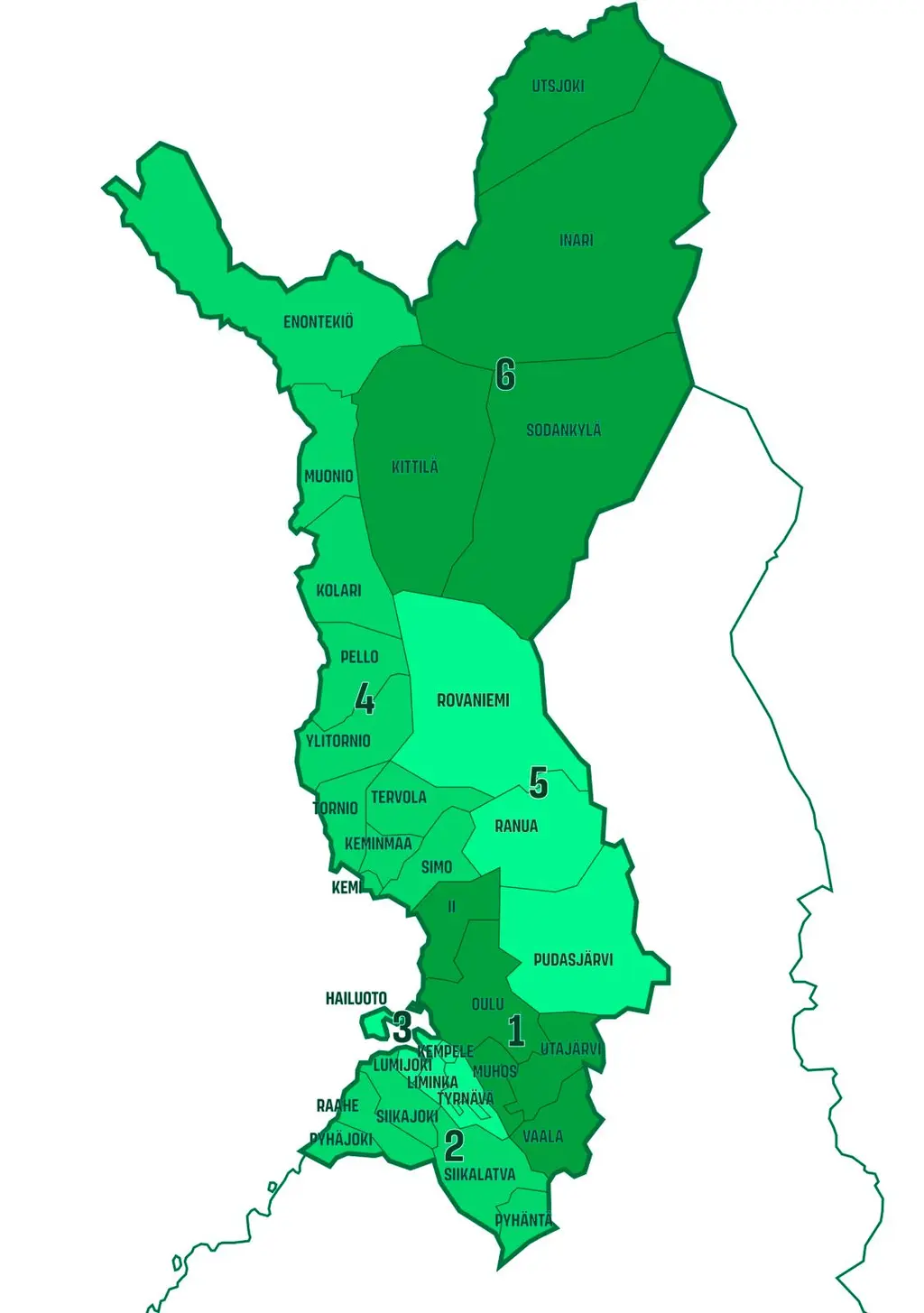Arinan toimialueen kartta, jossa kuusi jäsenaluetta eroteltu eri vihreän sävyillä