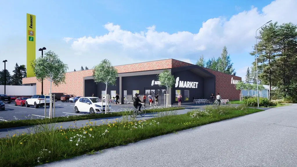 Havainnekuva markettirakennuksesta, jonka edustalla on parkkialue ja vihreää kasvillisuutta.