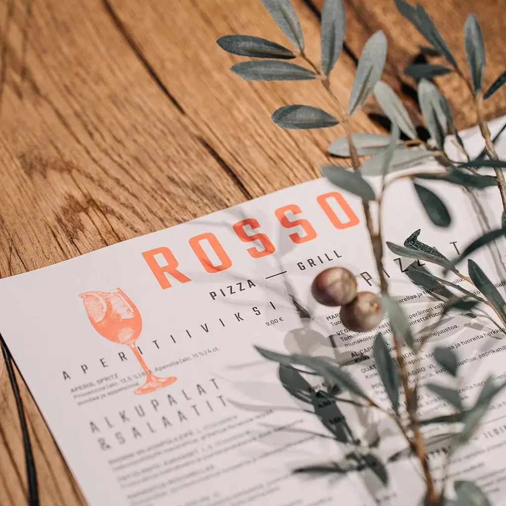 Rosson menu ja oliivinoksa.