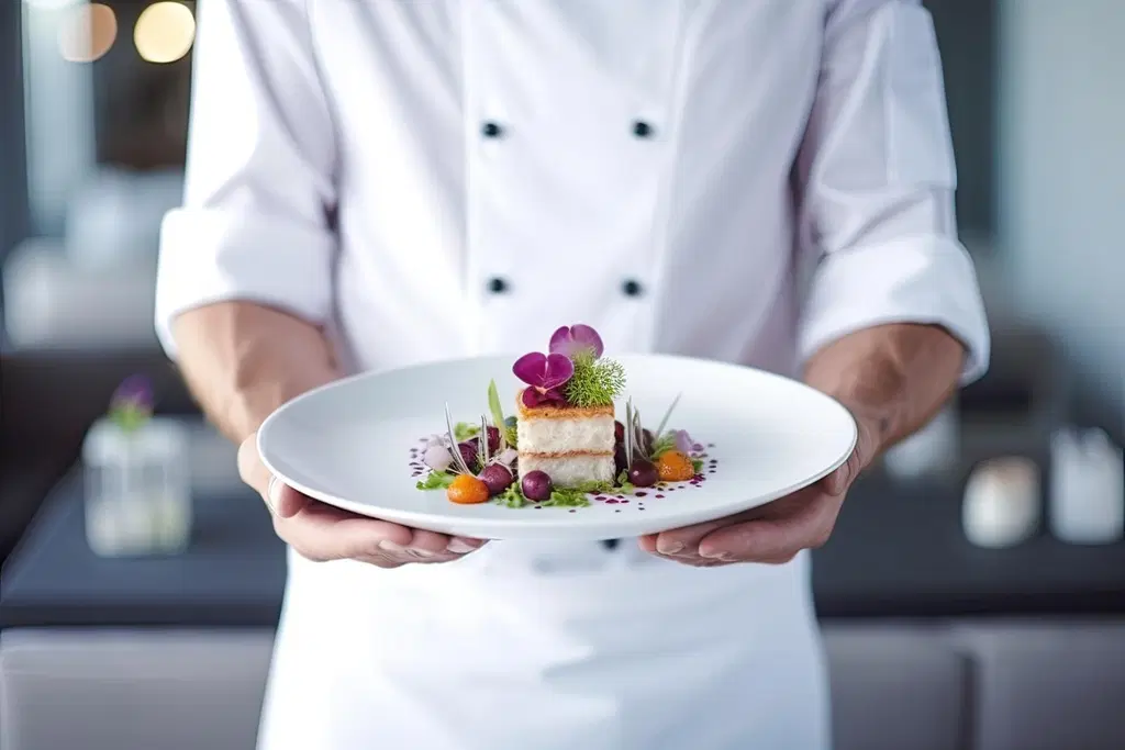 Ravintola annos valkoisella lautasella tarjoilijan kädessä