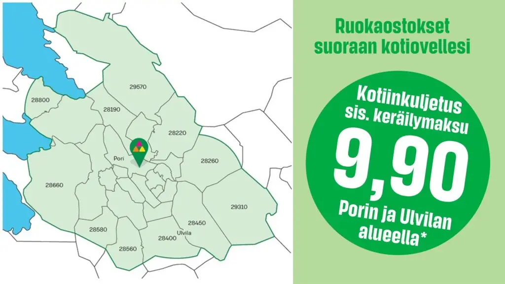 Syyskuun ajan ruoan verkkokaupan S-kaupat.fi tilaukset suoraan kotiovellesi kuljetettuna Porissa ja Ulvilassa* hintaan 9,90 €.