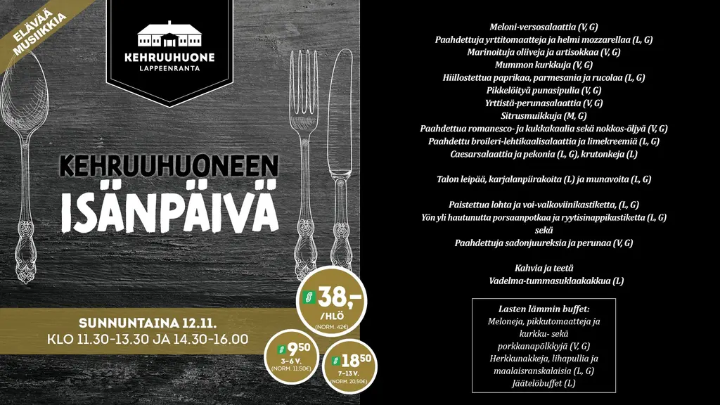 Kehruuhuoneen isänpäivälounaan menu