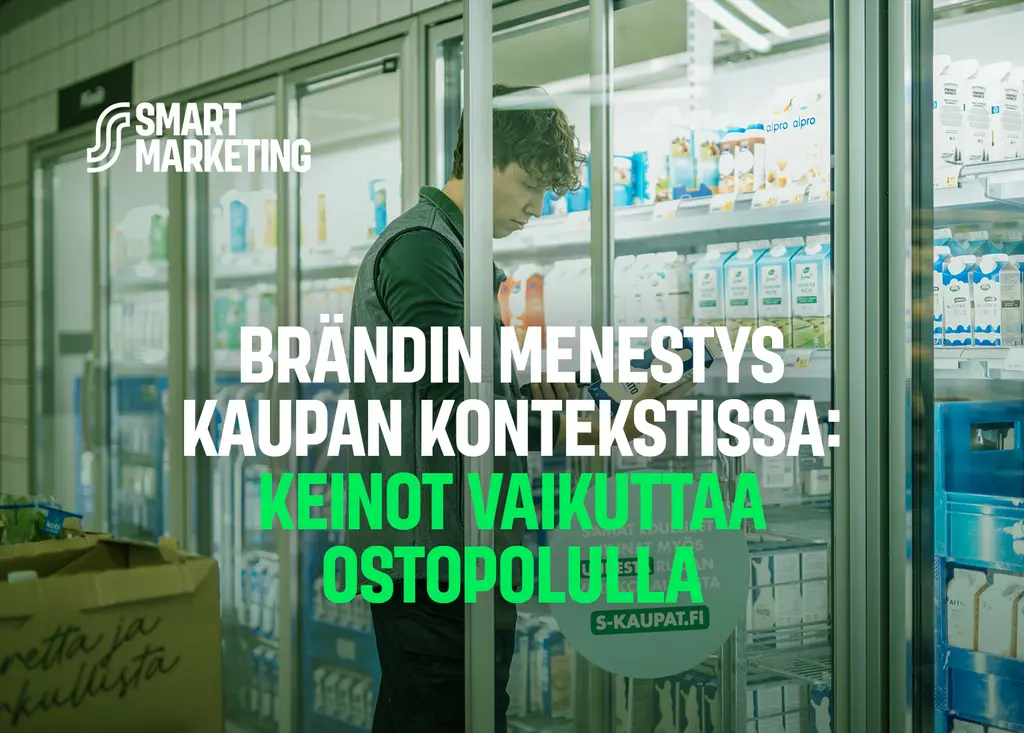 Taustakuvana myyjä maitokaapissa, jonka päällä teksti: "brändin menestys kaupan konteksissa: keinot vaikuttaa ostopolulla"