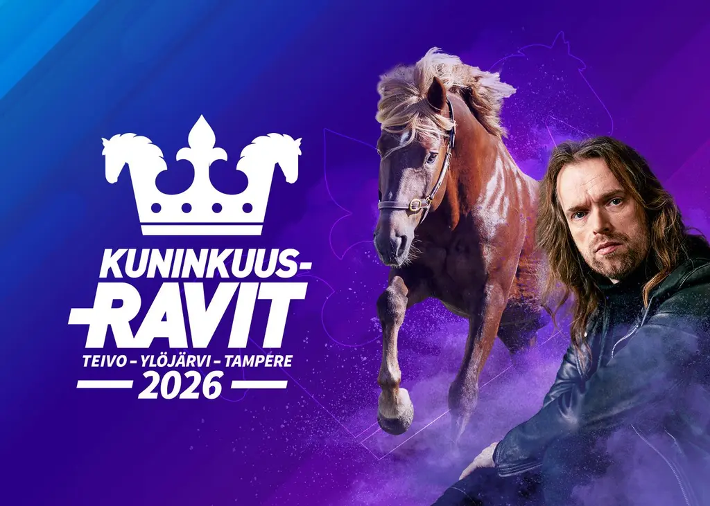 Kuninkuusravit Teivo 2026 logo, kuvassa ravihevonen ja Anssi Kela