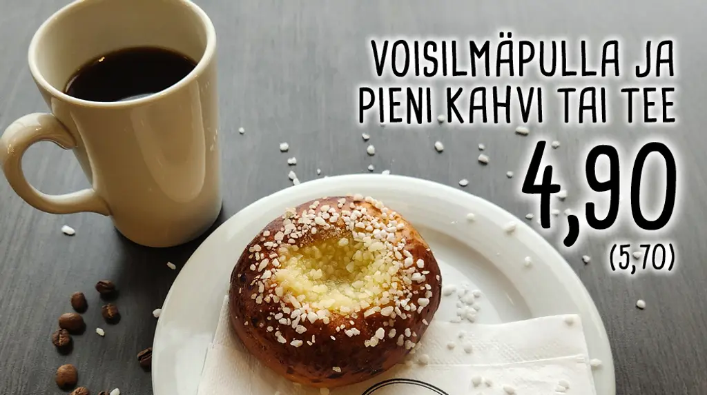 Kahvi tai tee ja voisilmäpulla 