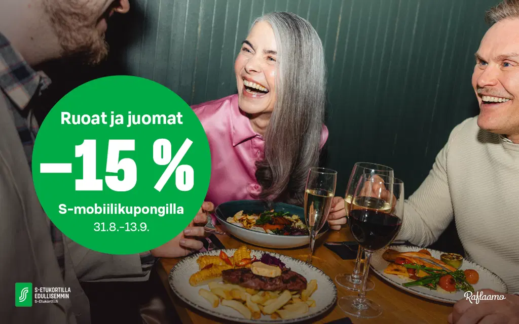 Asiakasomistajapäivät ravintoloissa 31.8.-13.9. S-mobiilikupongilla ruoat ja juomat -15 %