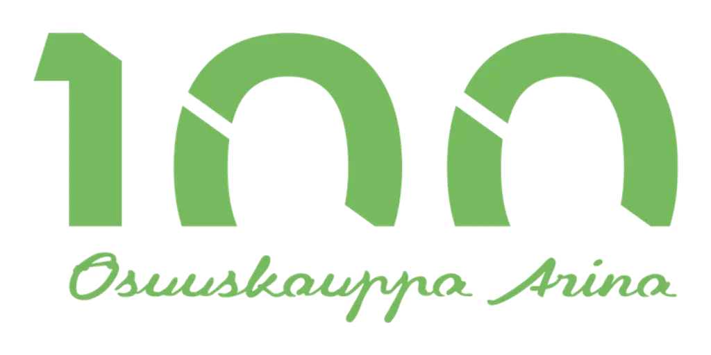 Kuvassa on vihreällä kirjoitettuna iso teksti "100", jonka alapuolella teksti "Osuuskauppa Arina".
