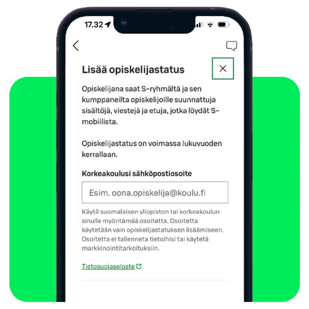 Klikkaa päälle opiskelijastatus