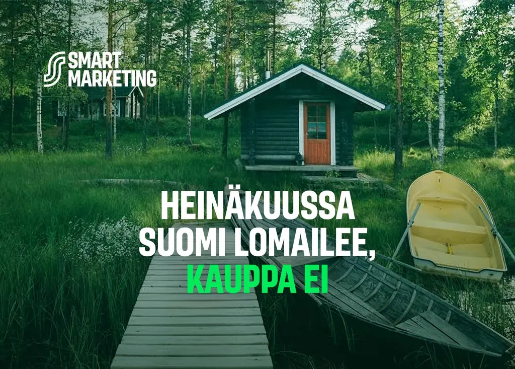 Taustalla kuva laiturista, veneestä ja saunasta, jonka päällä teksti: "Heinäkuussa suomi lomailee, kauppa ei"