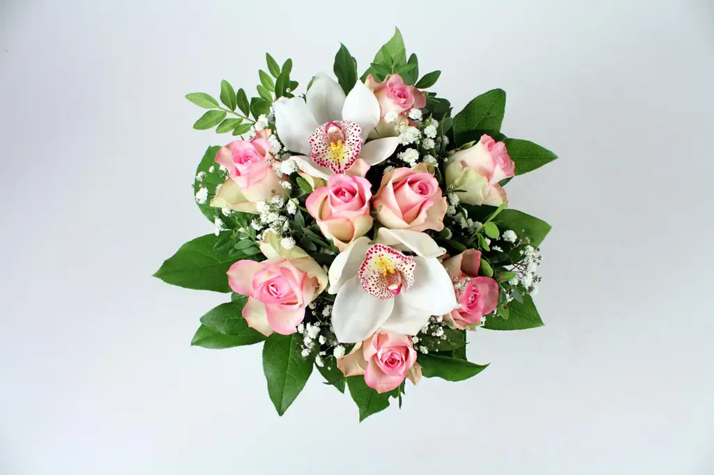 kukkakimppu, jossa valkoisia ja vaaleanpunaisia kukkia sekä vihreitä lehtiä