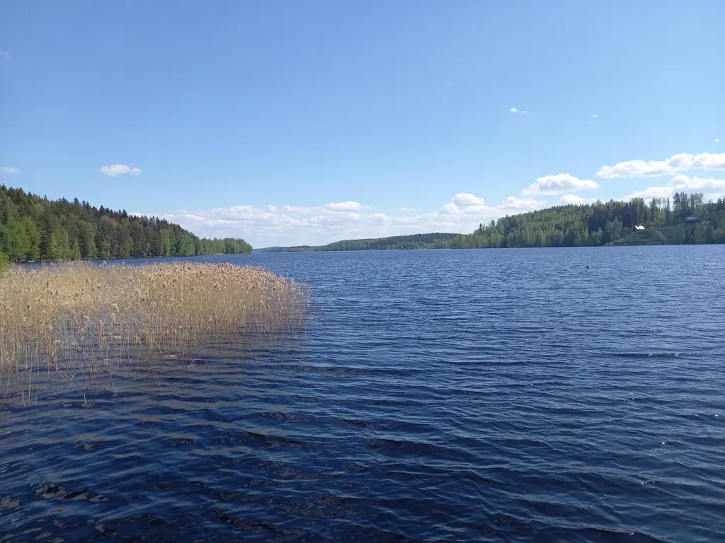 Kesäinen järvimaisema. Sininen järvi ja sininen taivas, jossa vähän valkoisia pilviä.