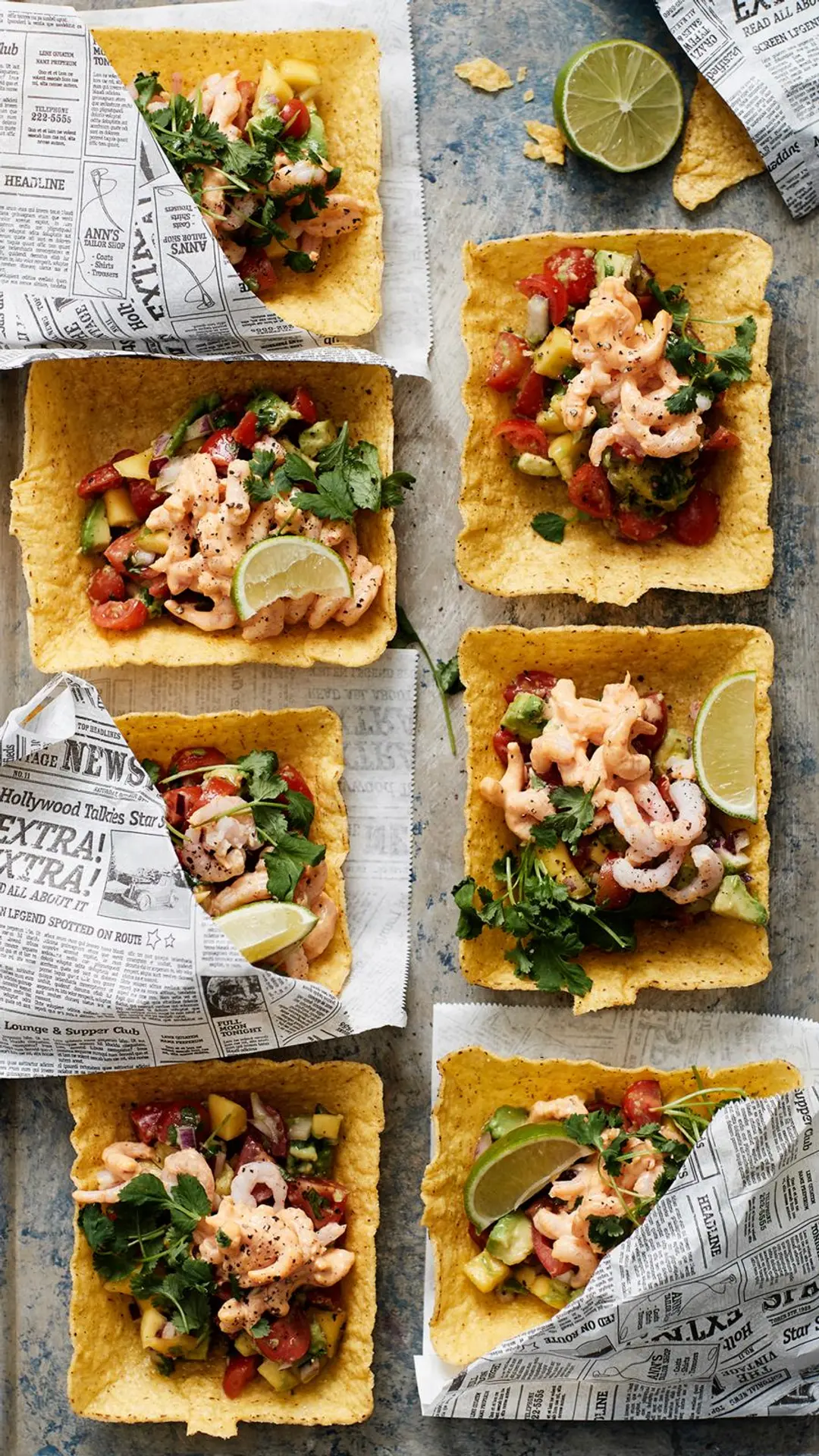 texmex-maustettuja rapuja hedelmäsalsalla tacokupeissa