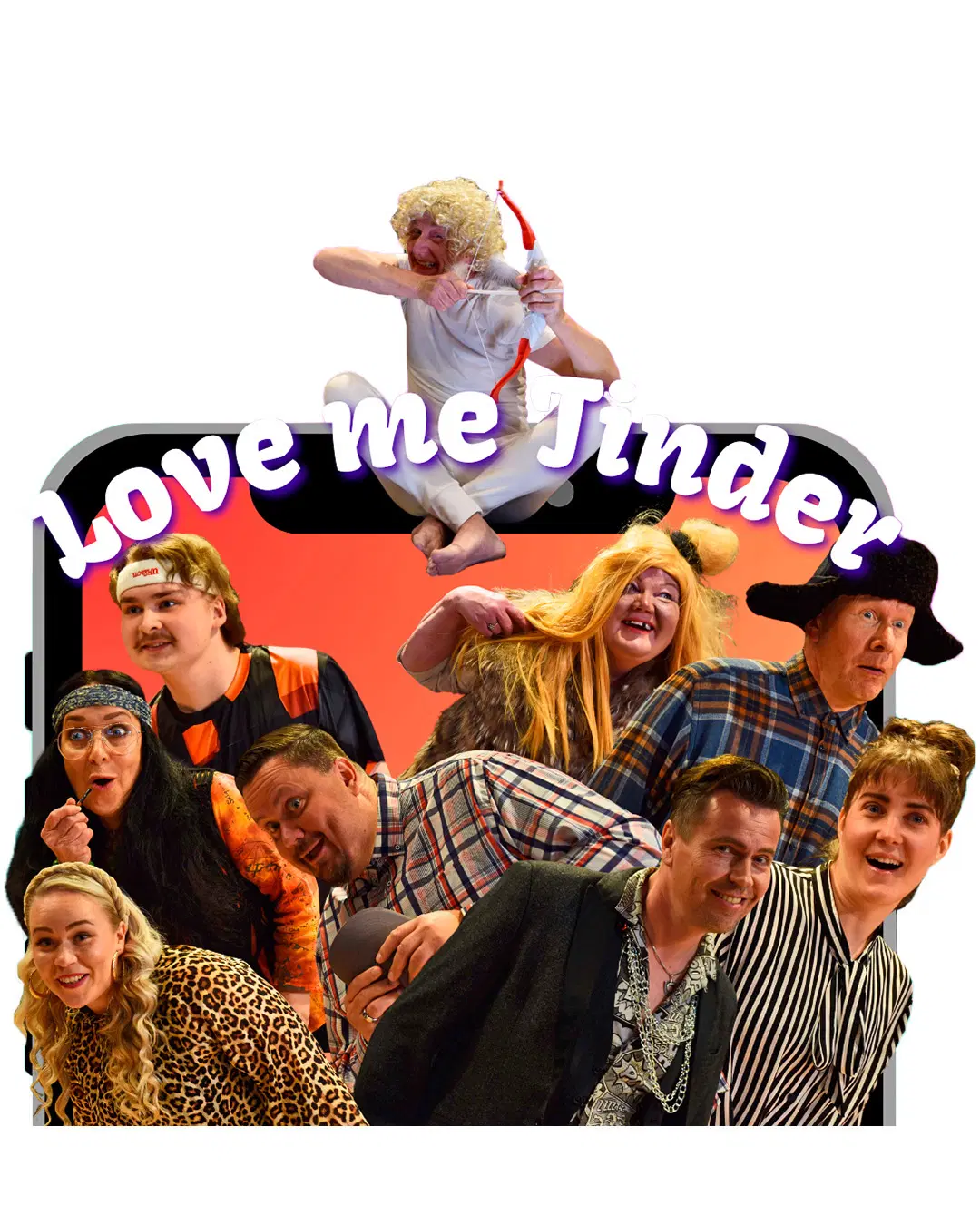 Love me Tinder -musikaalin mainos, jossa on näyttelijöitä.