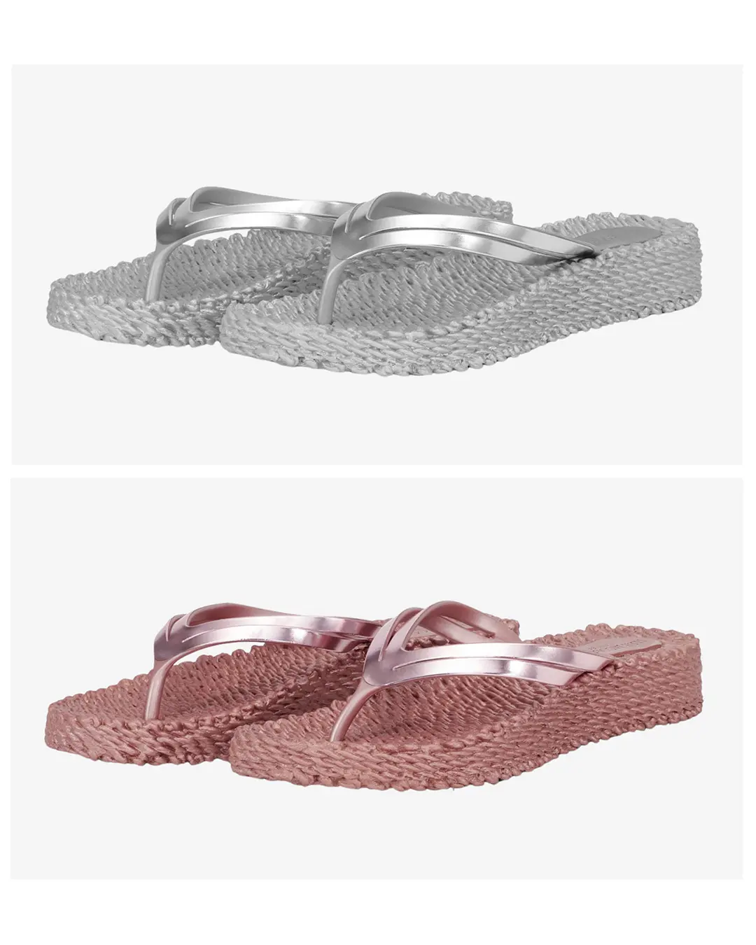 Kaksi paria flip flop -sandaaleja: hopeiset ja vaaleanpunaiset