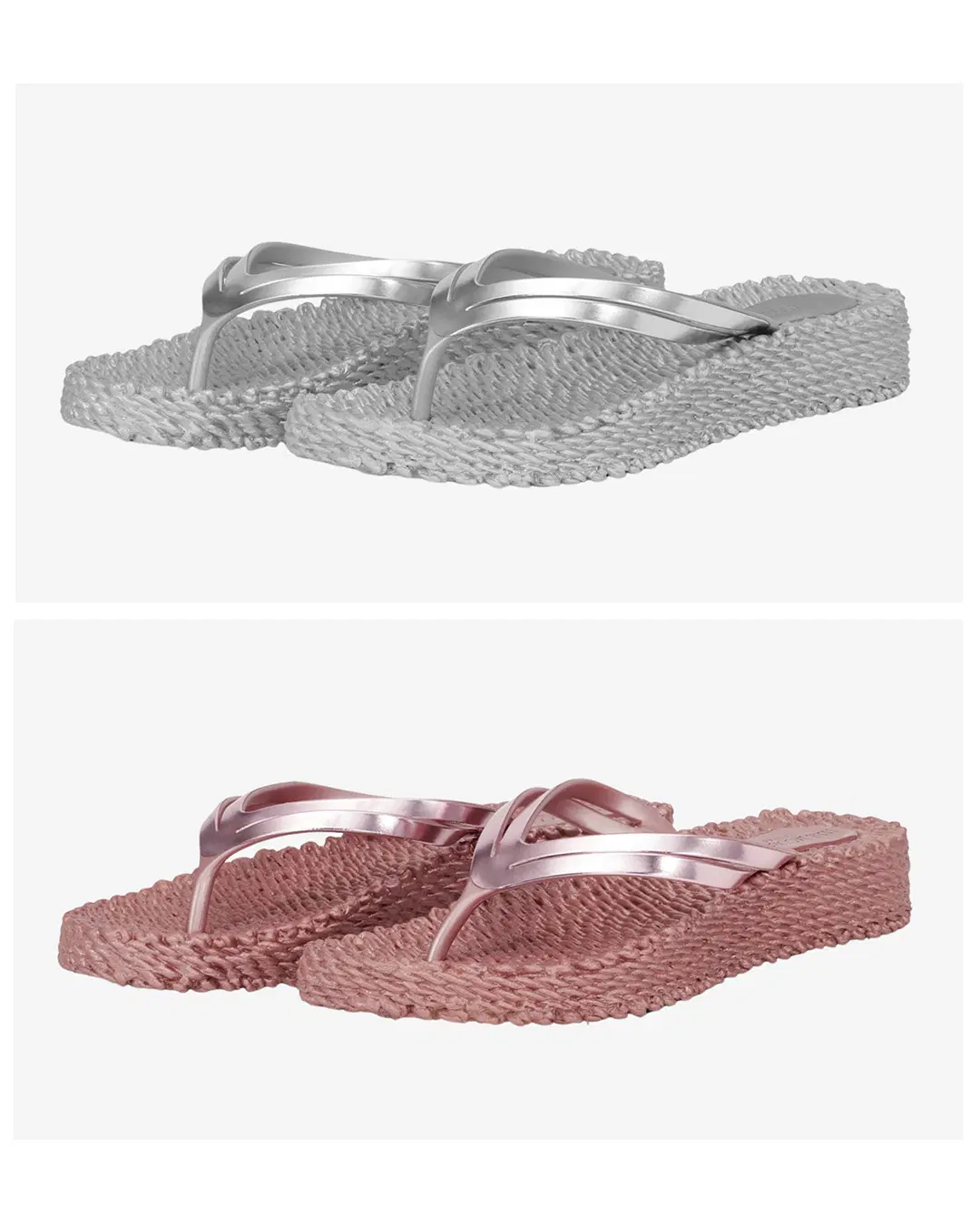 Kaksi paria flip flop -sandaaleja: hopeiset ja vaaleanpunaiset