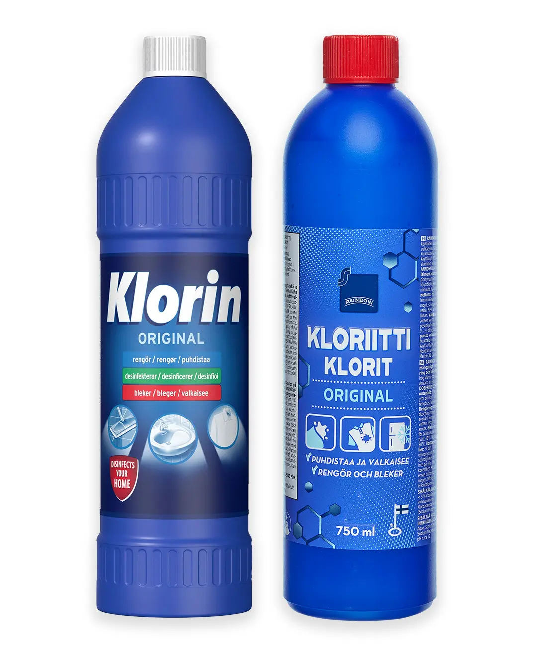 Kaksi kloriittia sisältävää pesuainetta vierekkäin
