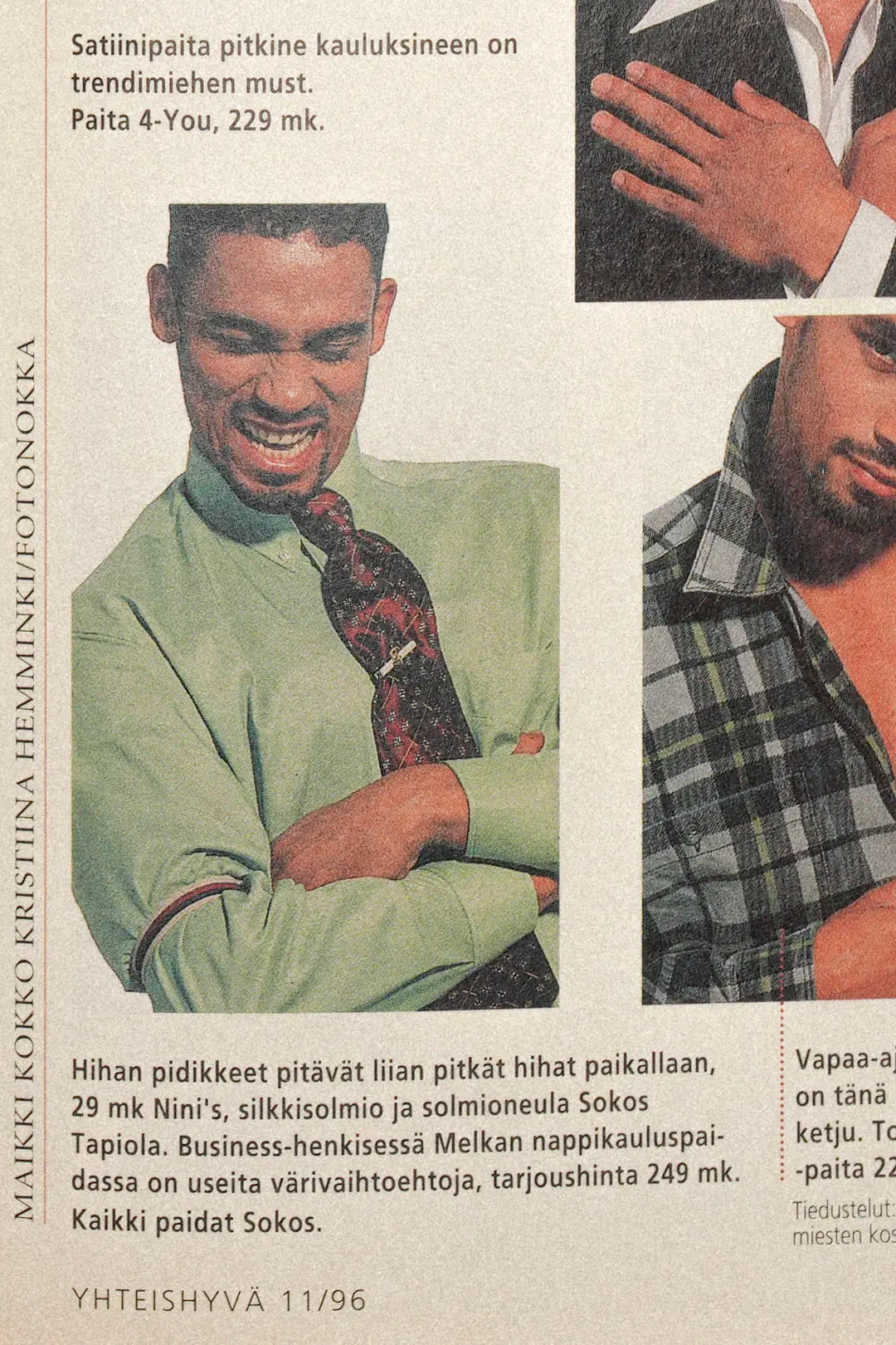 Mies, jonka paidassa on hihastimet. Lehtileike Yhteishyvästä.