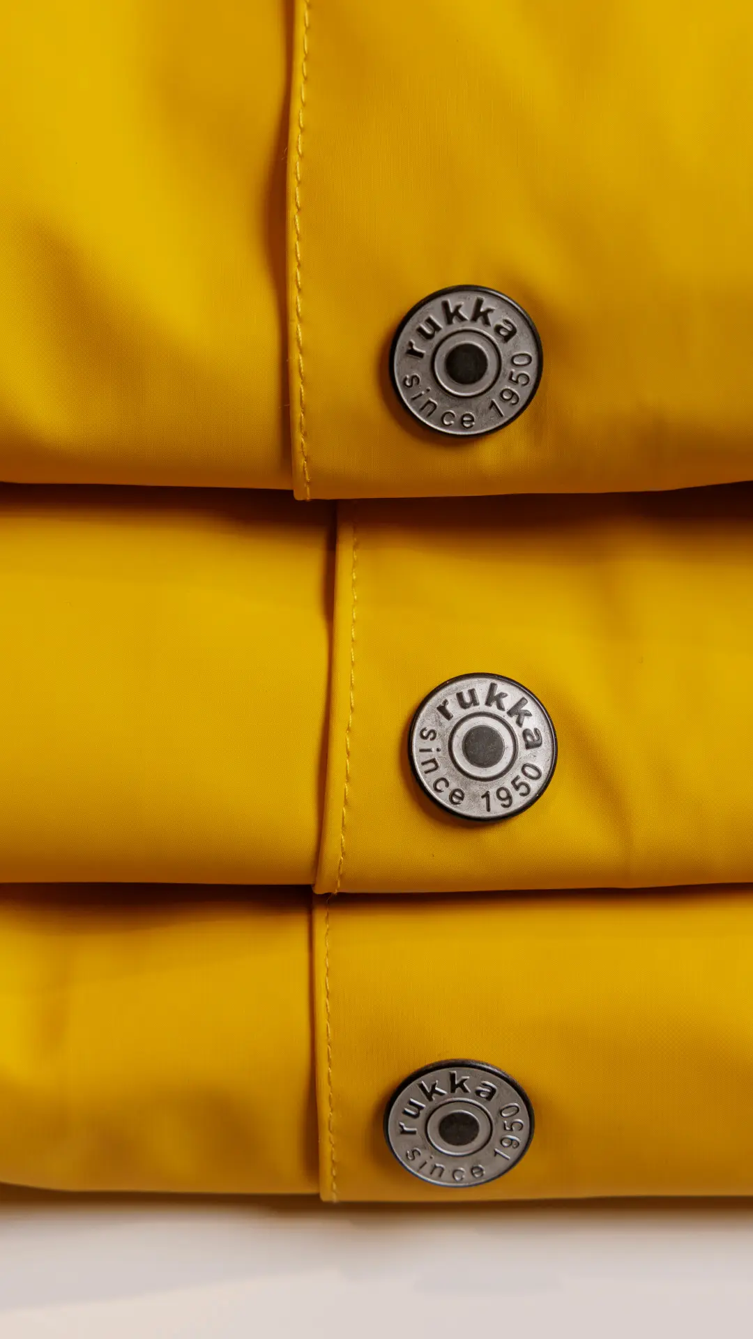 Lähikuvassa keltaisen Rukka-sadetakin napit, joissa teksti Rukka since 1950.