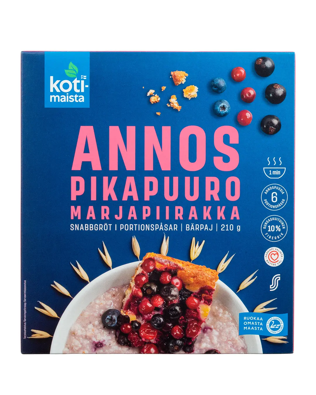 Kotimaista marjapiirakanmakuinen annospikapuuro -pakkaus