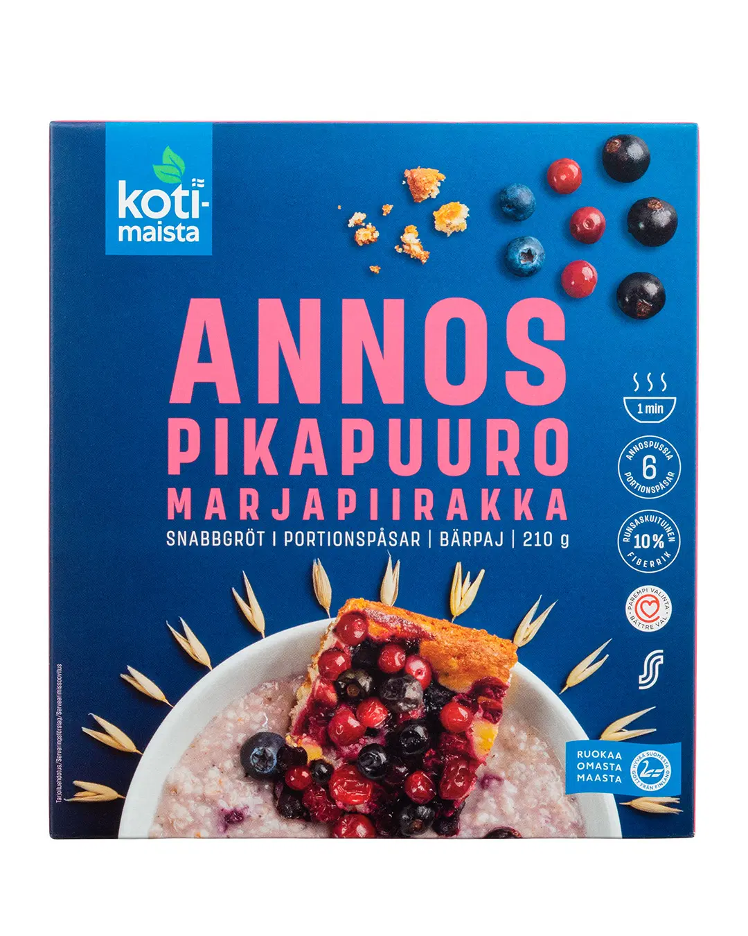 Kotimaista marjapiirakanmakuinen annospikapuuro -pakkaus