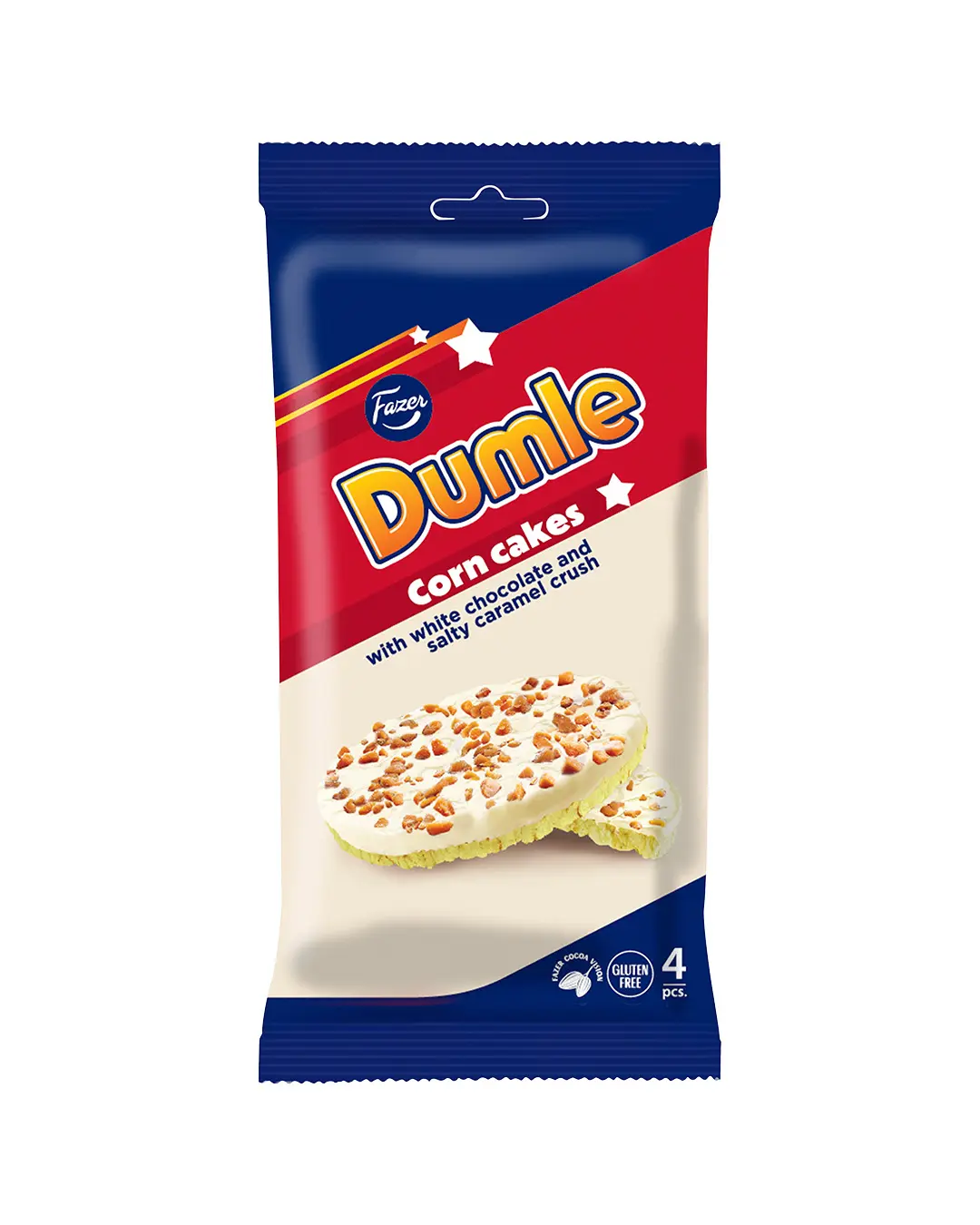 Fazer Dumle maissikakku valkosuklaalla ja suolaisella karamellilla 