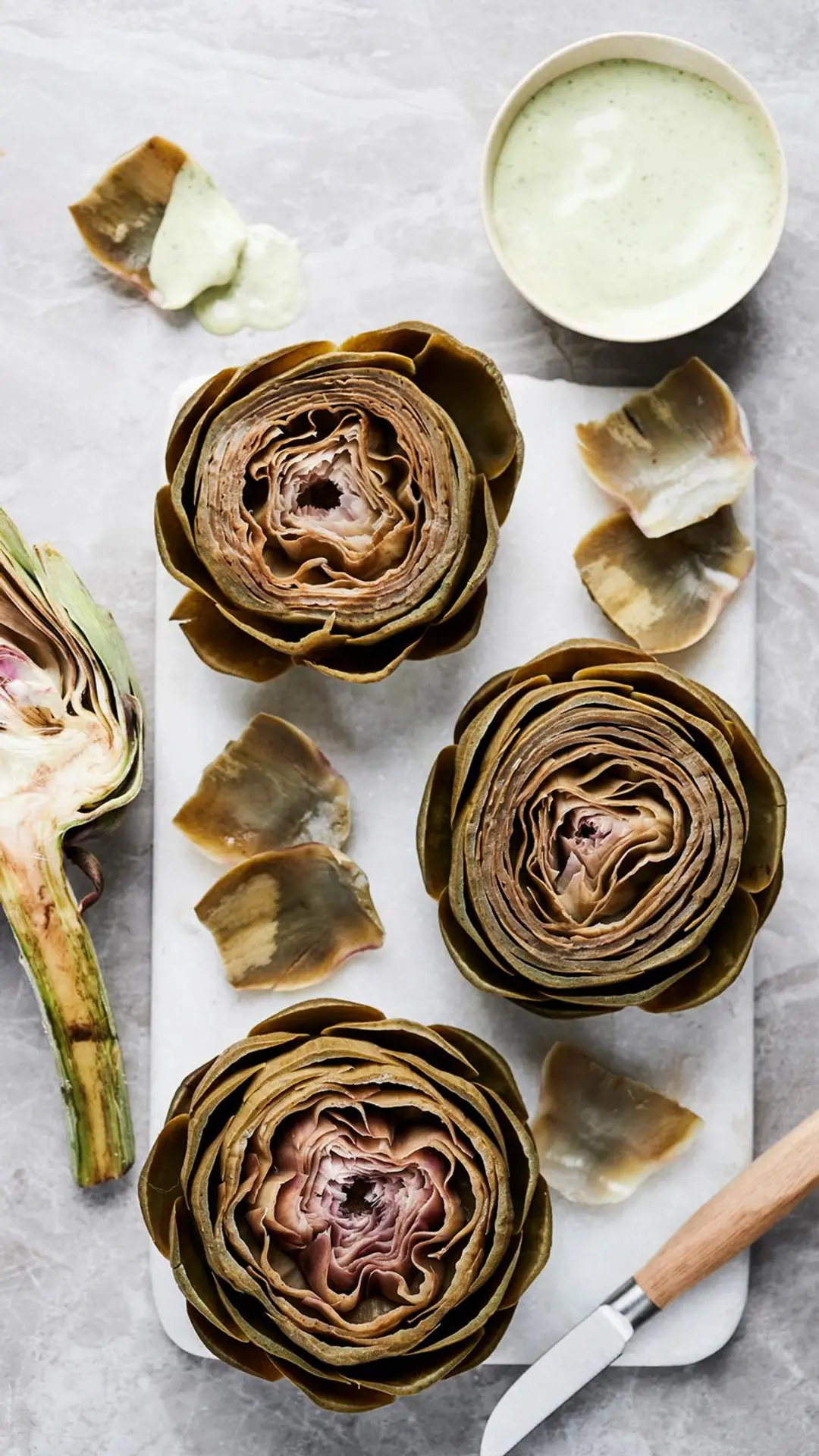 Keitetty latva-artisokka ja dippi