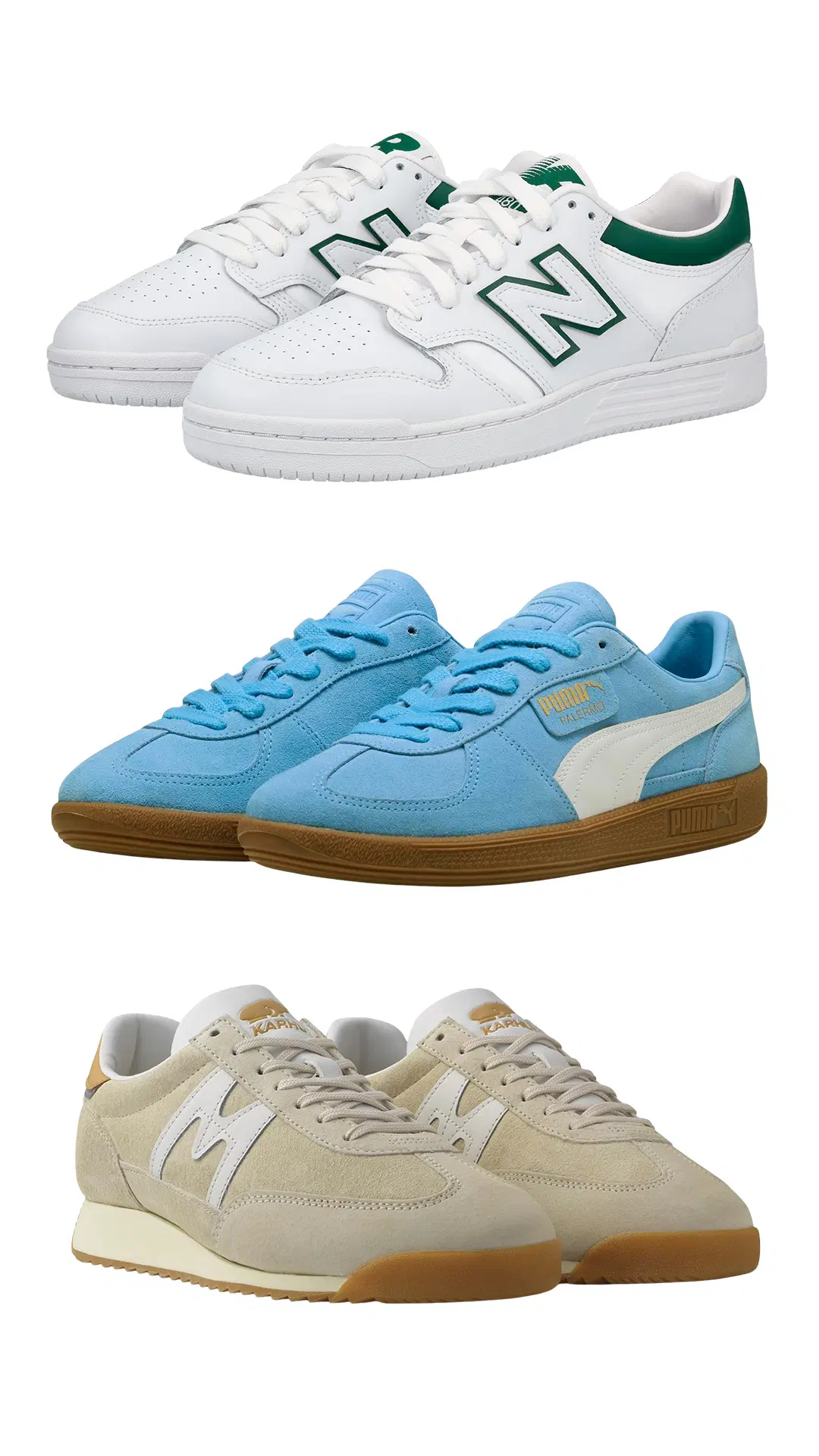 Kolme paria kenkiä: New Balance, Puma ja Karhu